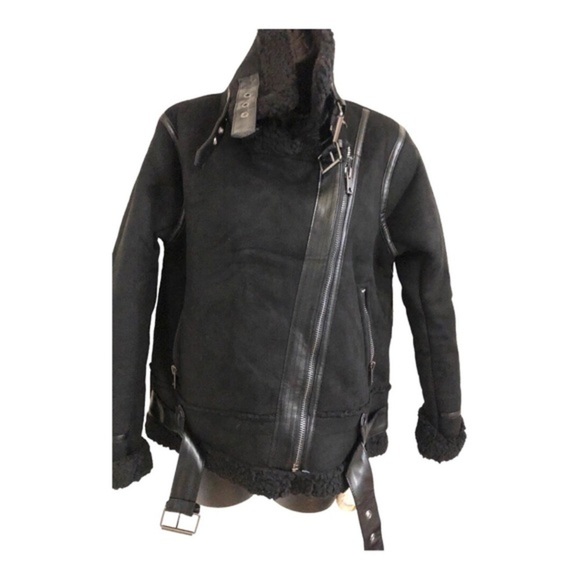 Black moto bomber buckled faux shearling biker jacket coat size small new - Picture 10 of 16
